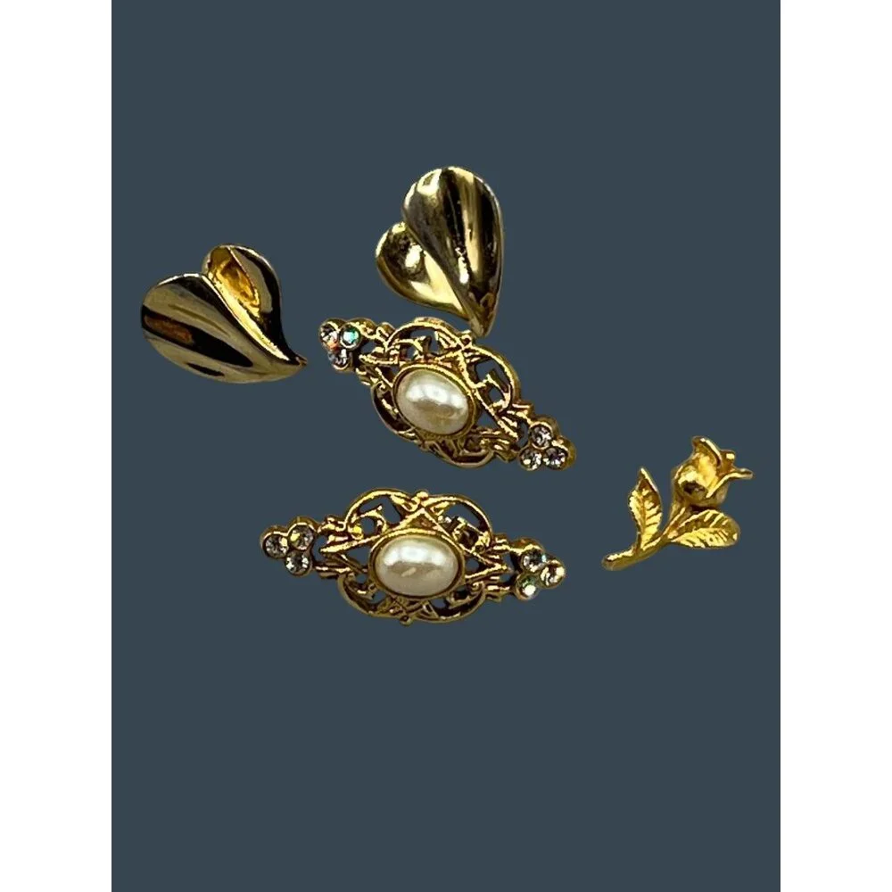 90s Gold-Tone & Pearl Earrings Set Rhinestones Floral Designs & Small Rose Pin - Picture 7 of 11